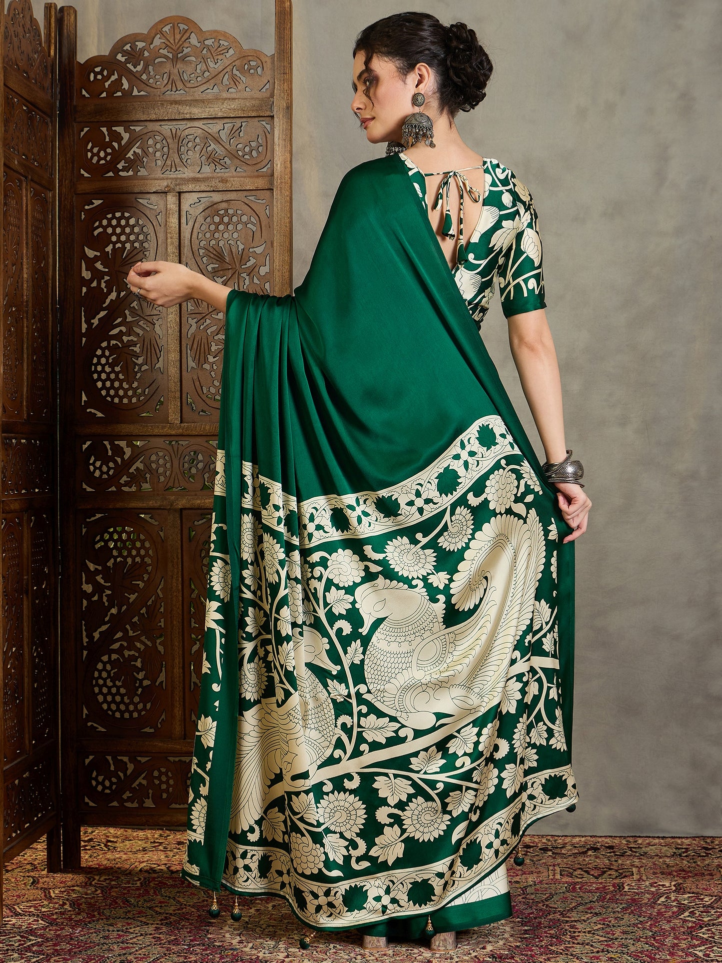 Emerald Green Crepe Silk Readymade/Easy Saree