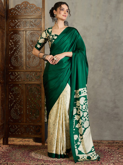 Emerald Green Crepe Silk Readymade/Easy Saree