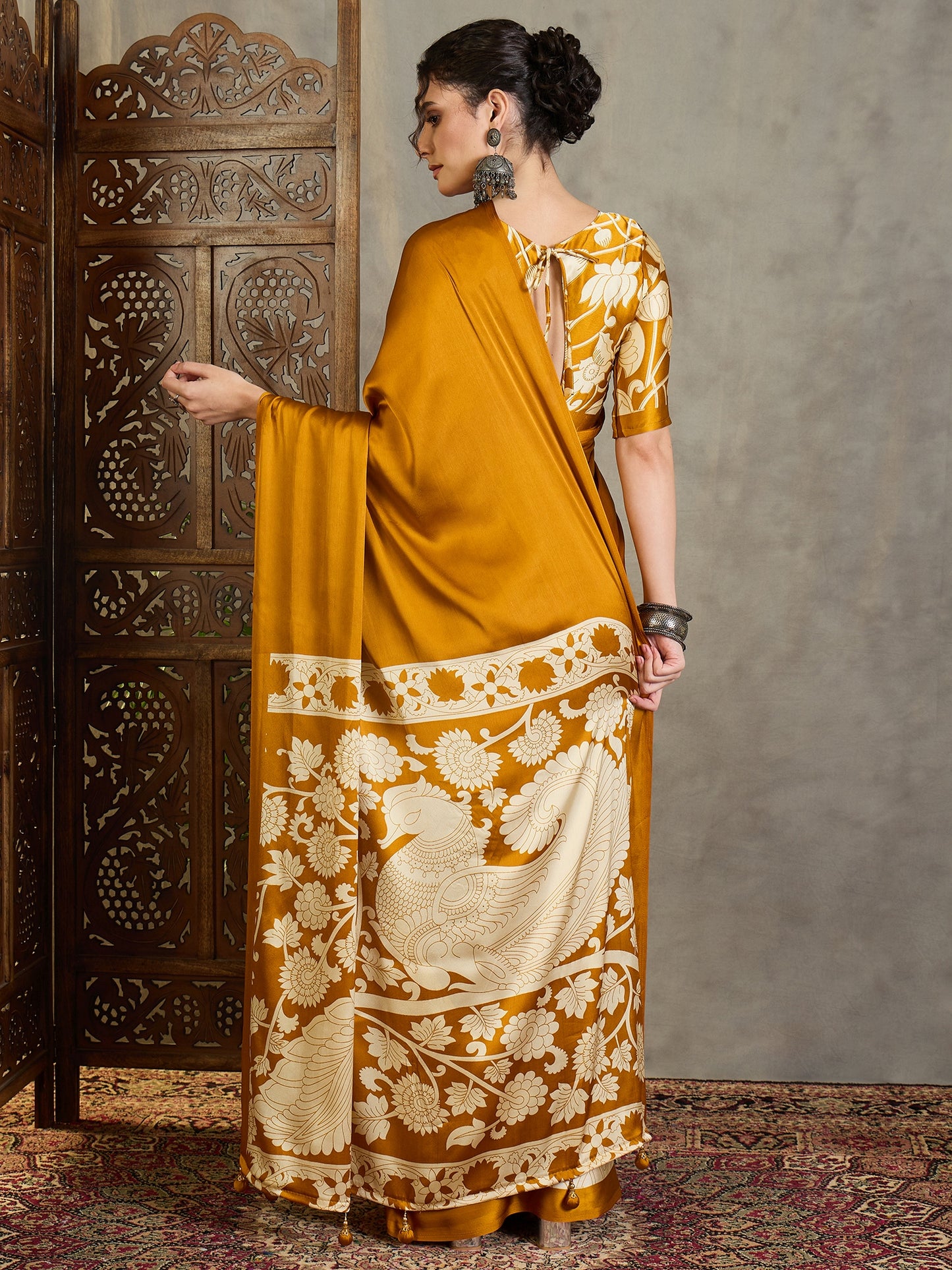 Mustard Yellow Crepe Silk Readymade/Easy Saree