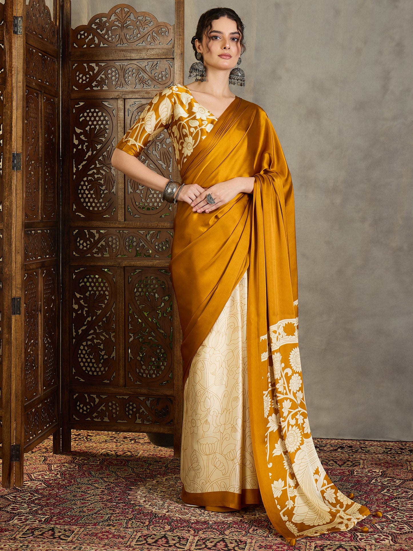 Mustard Yellow Crepe Silk Readymade/Easy Saree