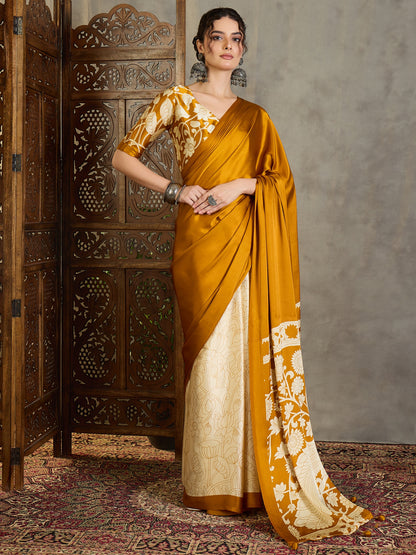 Mustard Yellow Crepe Silk Readymade/Easy Saree