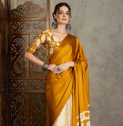Mustard Yellow Crepe Silk Readymade/Easy Saree