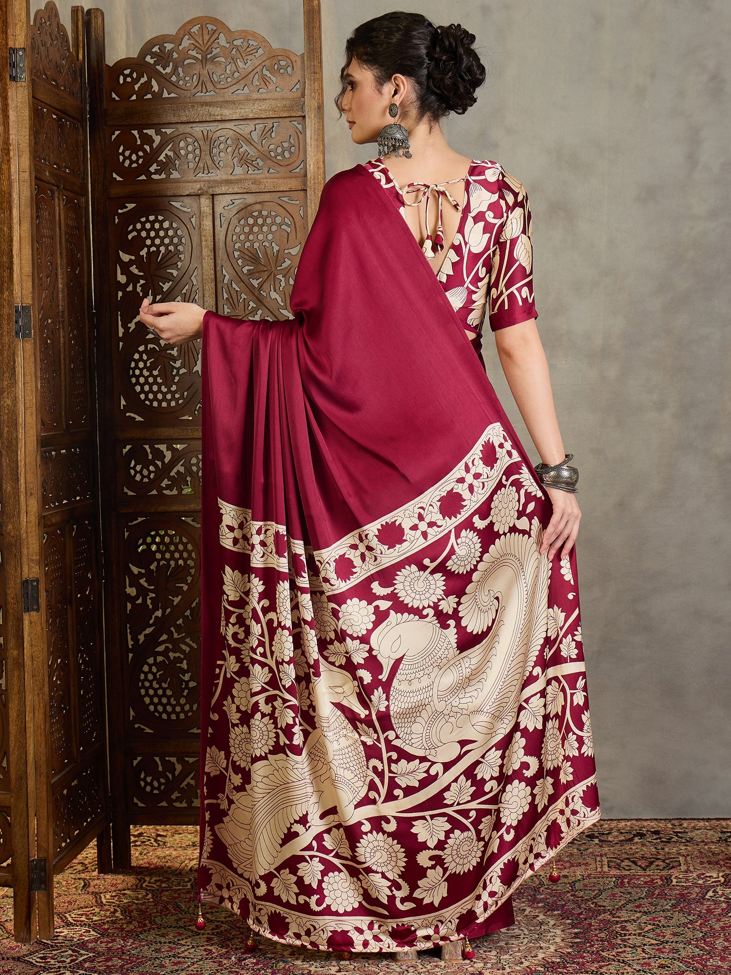 Wine Red Crepe Silk Readymade/Easy Saree - Panaash Saree