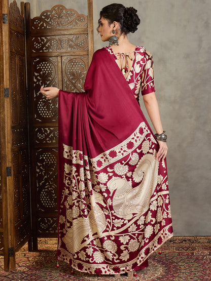 Wine Red Crepe Silk Readymade/Easy Saree - Panaash Saree