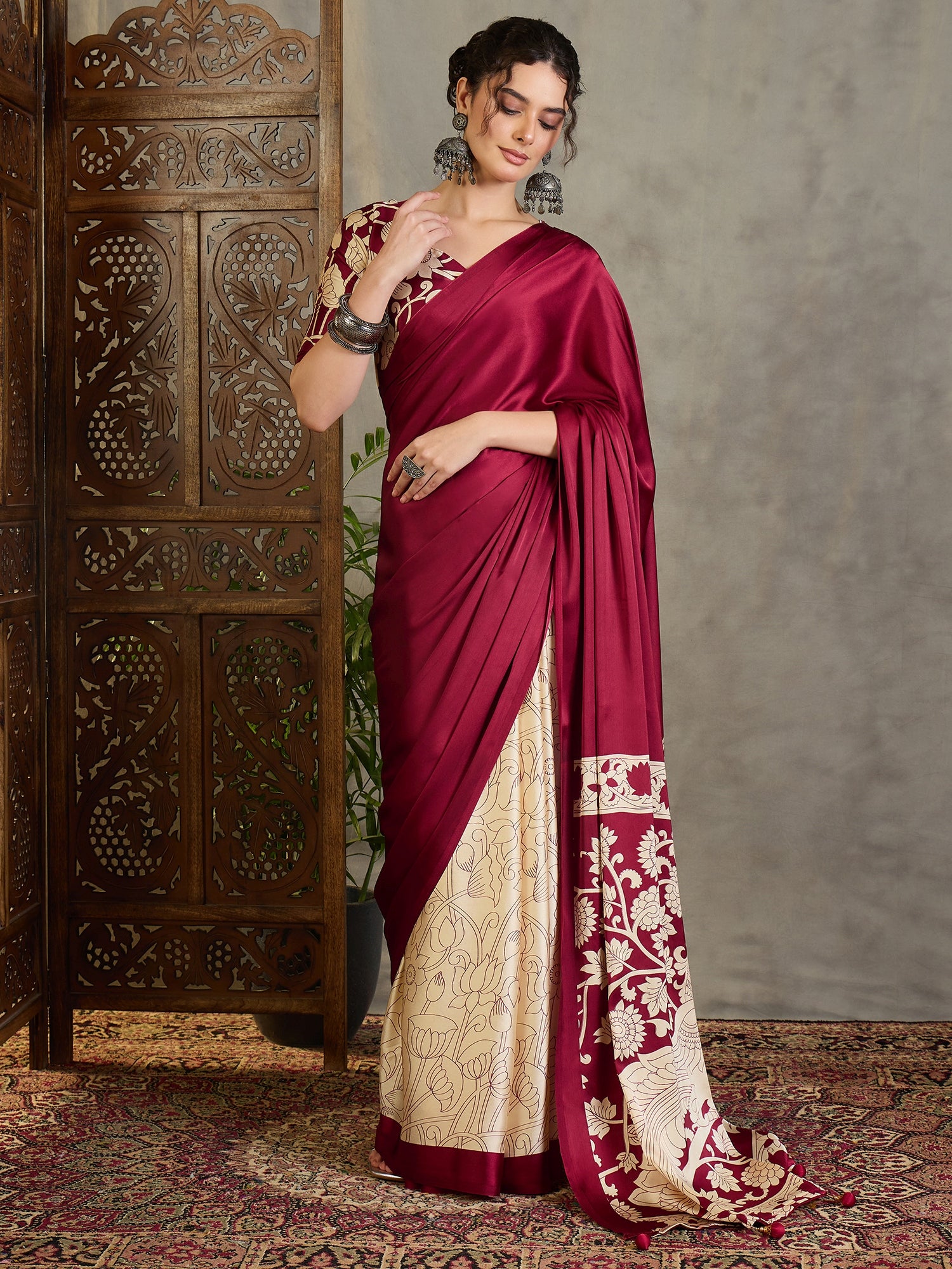 Wine Red Crepe Silk Readymade/Easy Saree - Panaash Saree