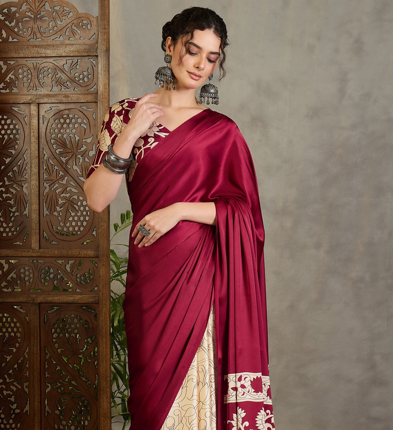 Wine Red Crepe Silk Readymade/Easy Saree - Panaash Saree