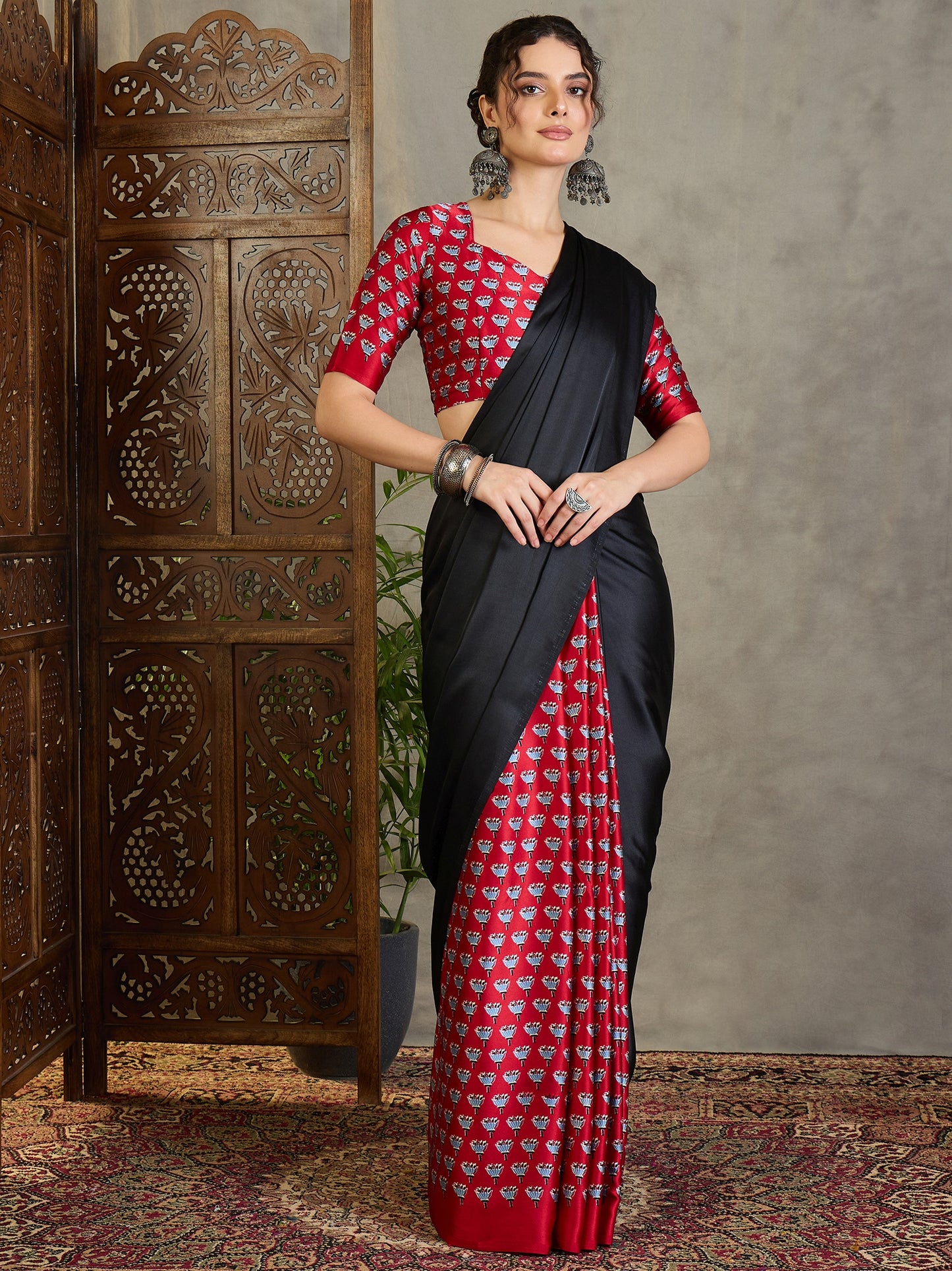 Black & Red Crepe Silk Readymade/Easy Saree - Panaash Saree