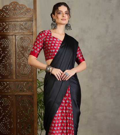 Black & Red Crepe Silk Readymade/Easy Saree - Panaash Saree