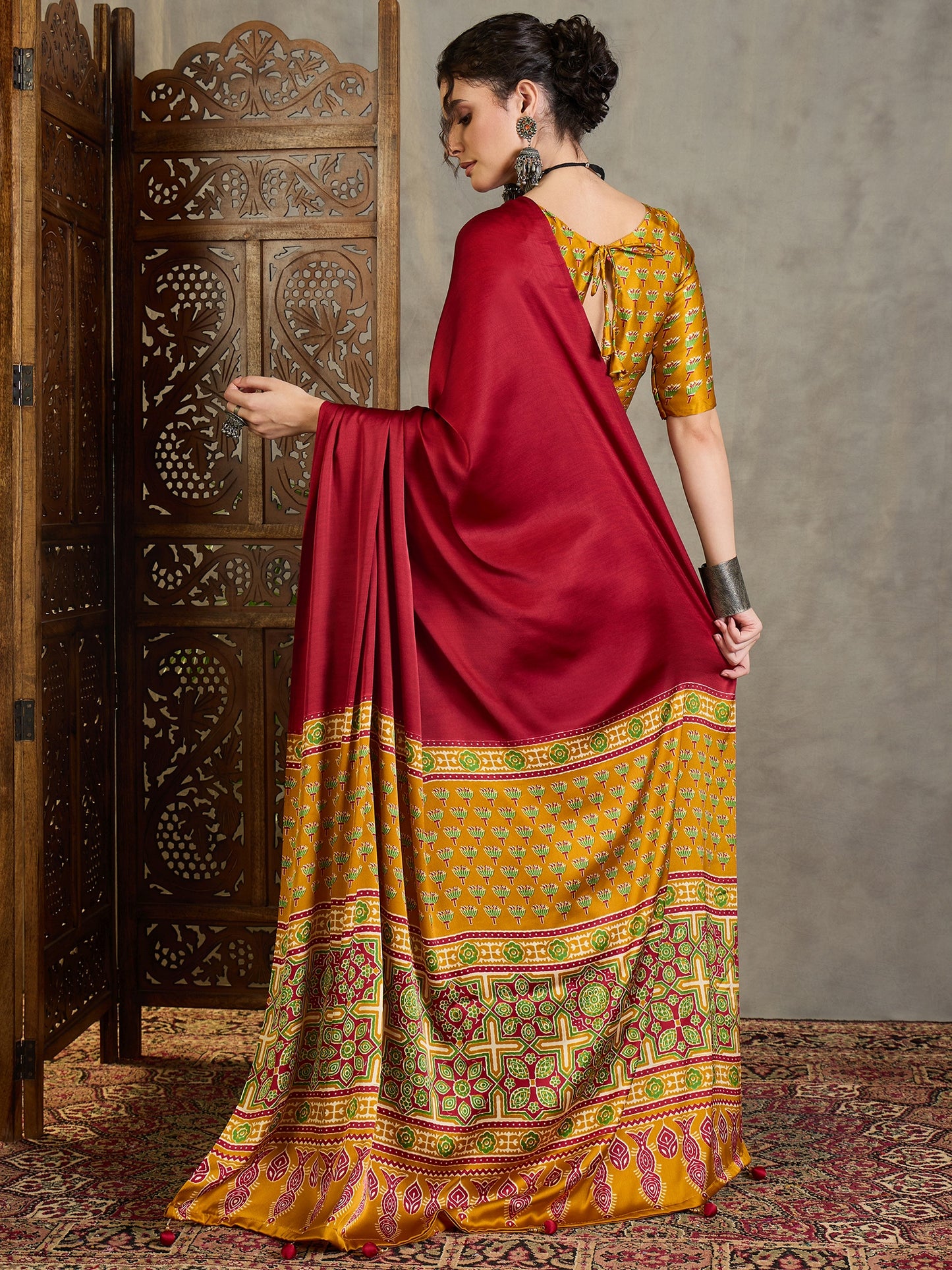 Red & Mustard Yellow Crepe Silk Readymade/Easy Saree - Panaash Saree