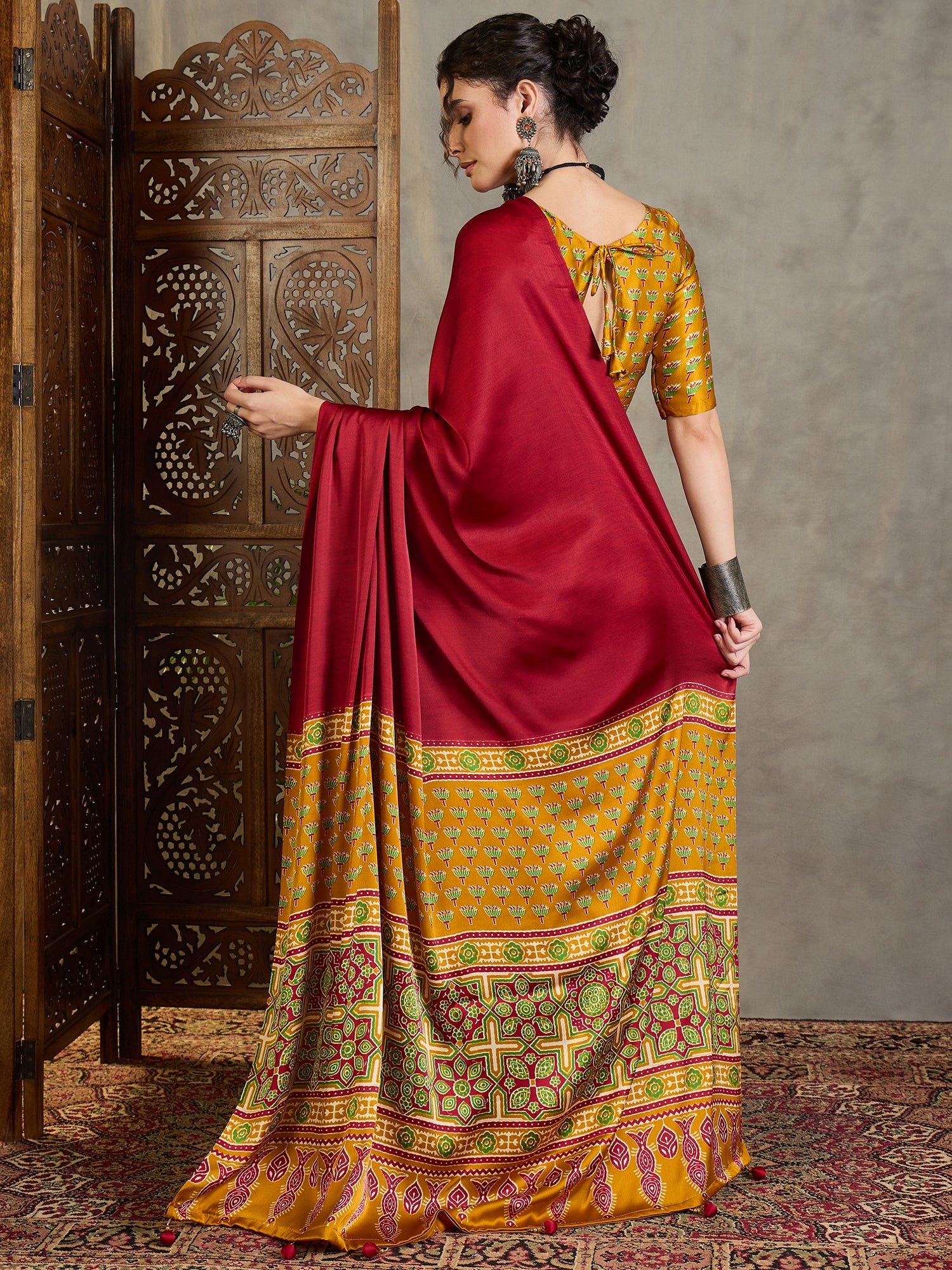 Red & Mustard Yellow Crepe Silk Readymade/Easy Saree - Panaash Saree