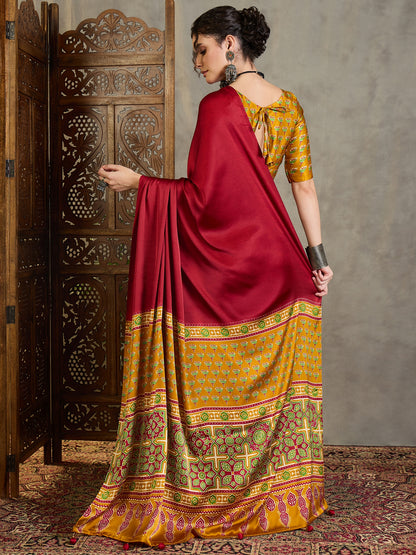 Red & Mustard Yellow Crepe Silk Readymade/Easy Saree - Panaash Saree