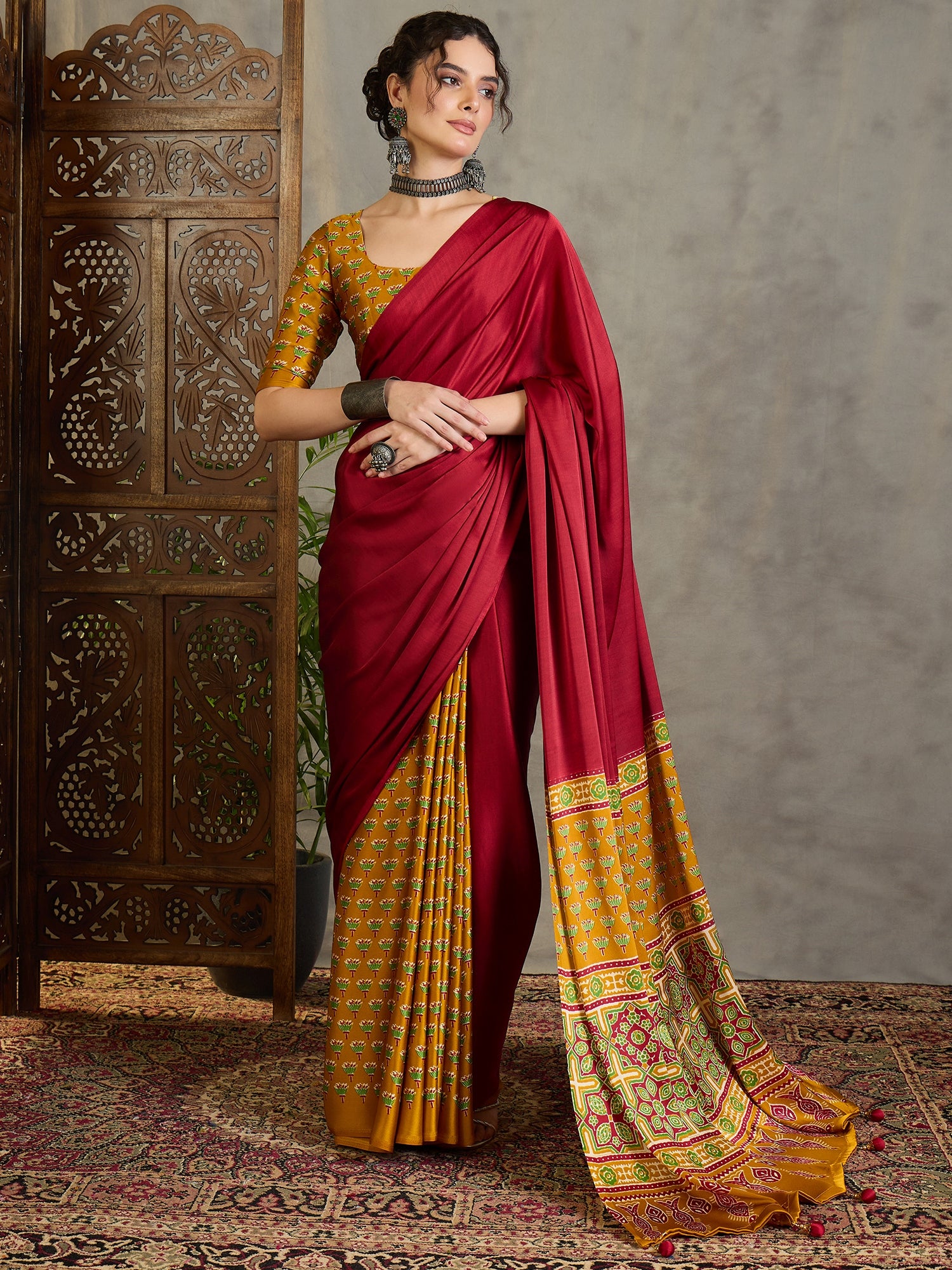 Red & Mustard Yellow Crepe Silk Readymade/Easy Saree - Panaash Saree