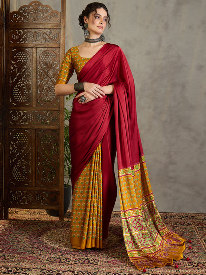 Red & Mustard Yellow Crepe Silk Readymade/Easy Saree - Panaash Saree