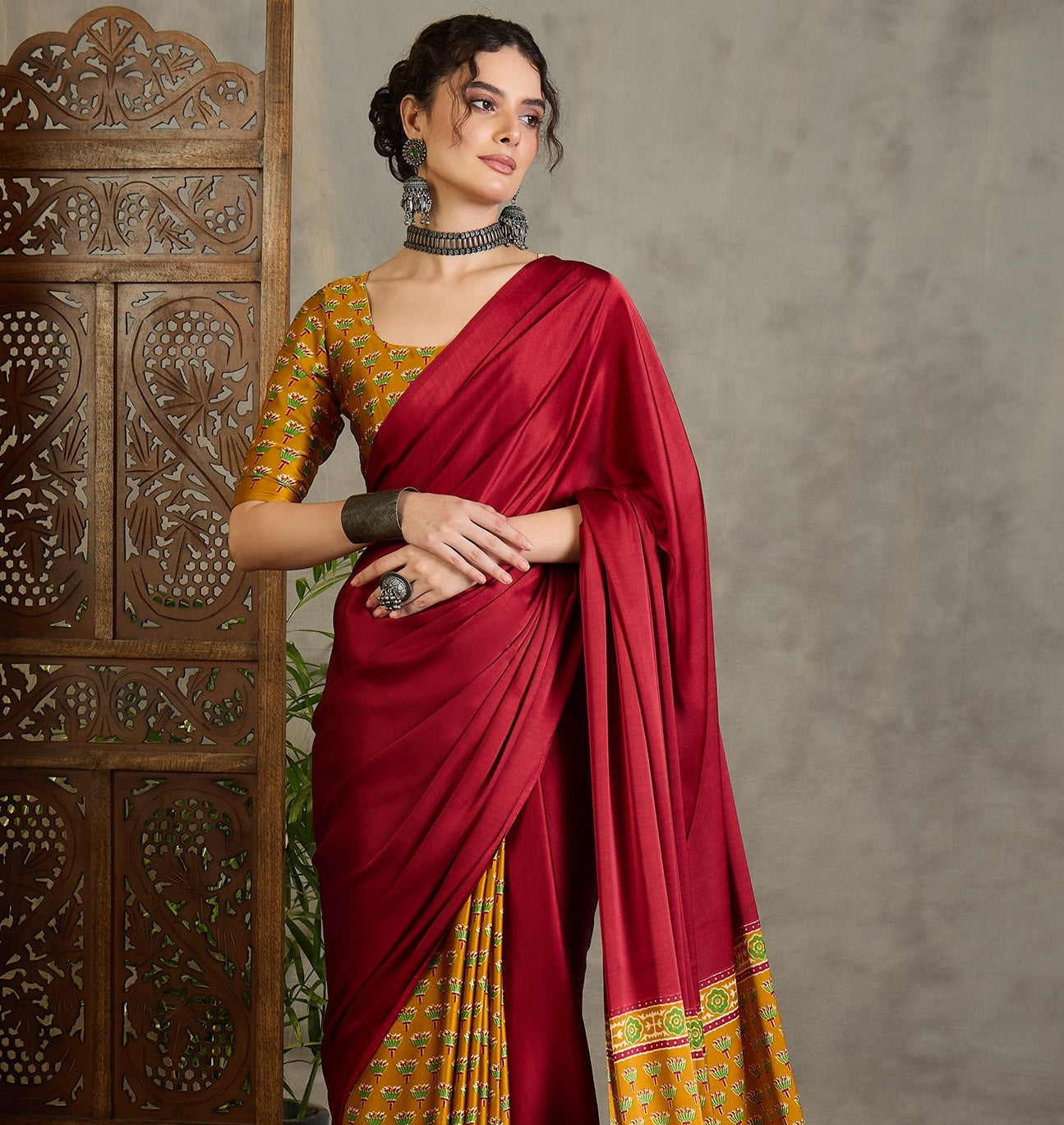 Red & Mustard Yellow Crepe Silk Readymade/Easy Saree - Panaash Saree