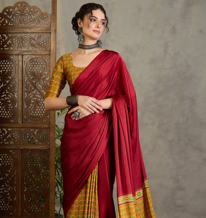 Red & Mustard Yellow Crepe Silk Readymade/Easy Saree - Panaash Saree