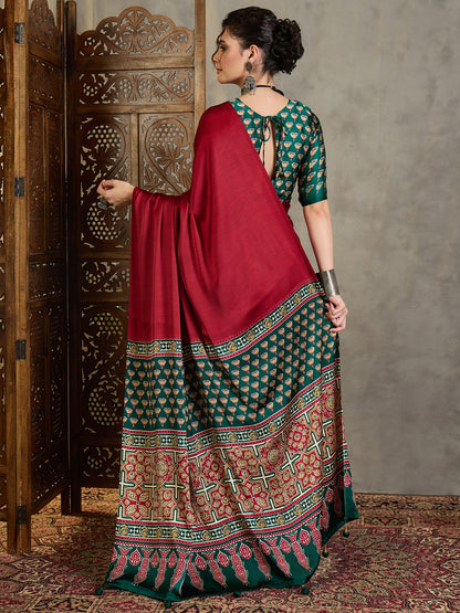 Red & Green Crepe Silk Readymade/Easy Saree - Panaash Saree