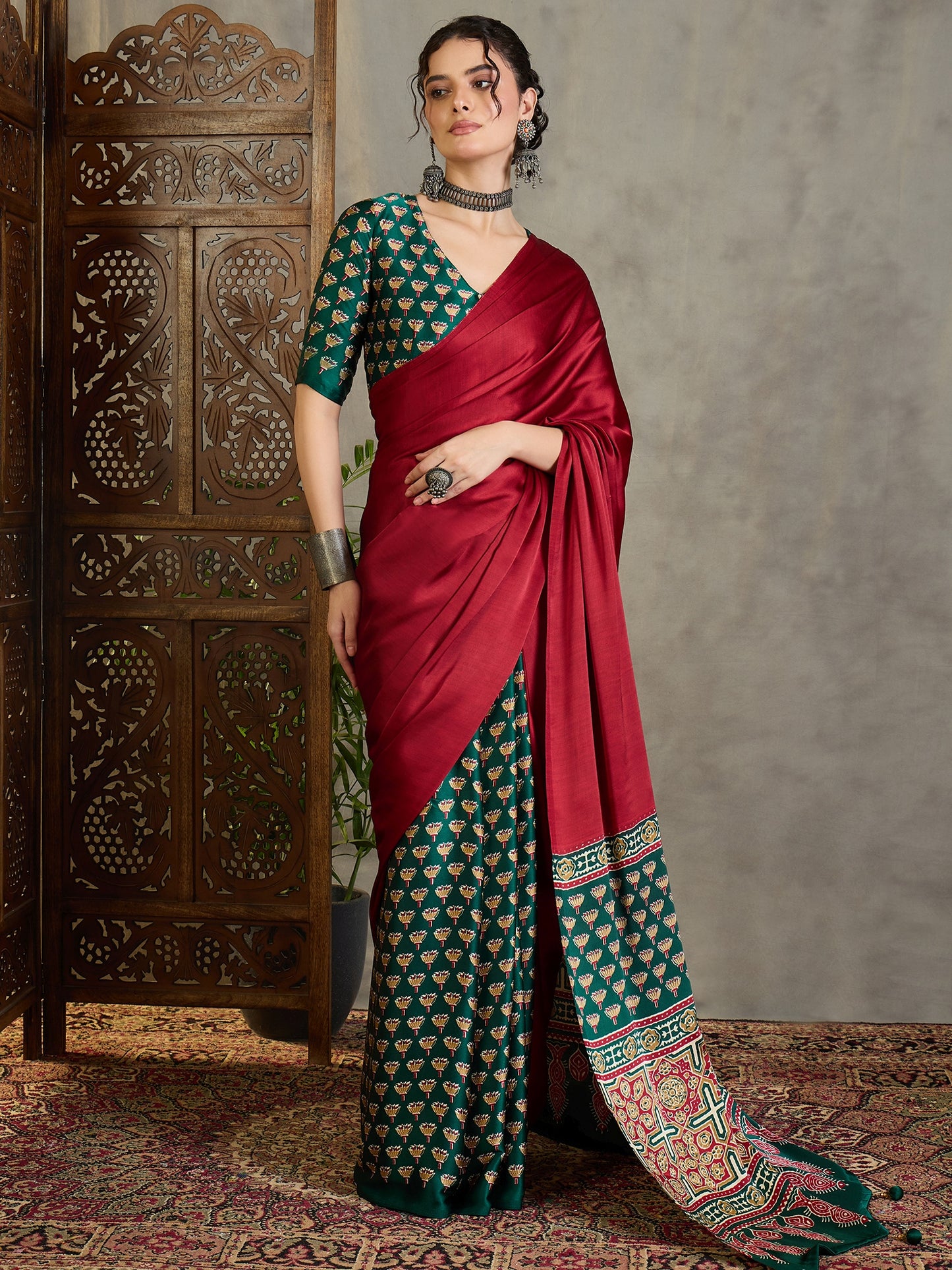 Red & Green Crepe Silk Readymade/Easy Saree - Panaash Saree
