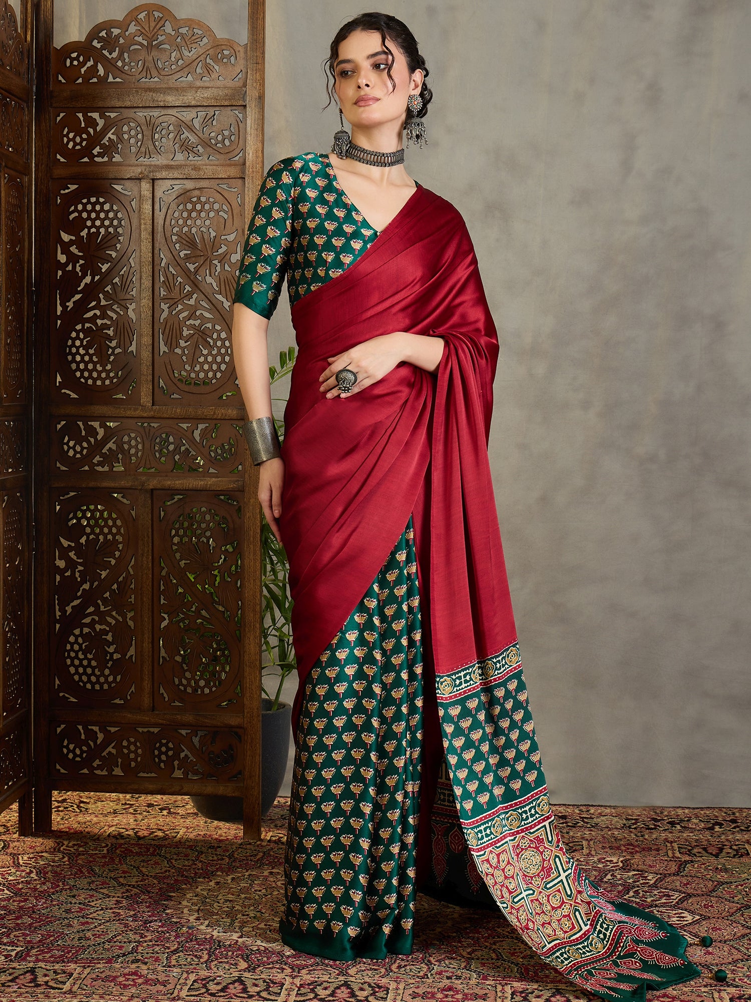 Red & Green Crepe Silk Readymade/Easy Saree - Panaash Saree