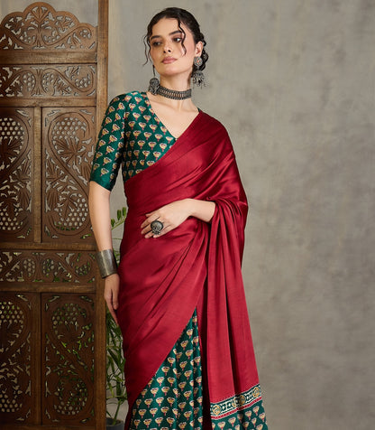 Red & Green Crepe Silk Readymade/Easy Saree - Panaash Saree