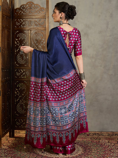 Navy Blue & Magenta Crepe Silk Readymade/Easy Saree - Panaash Saree