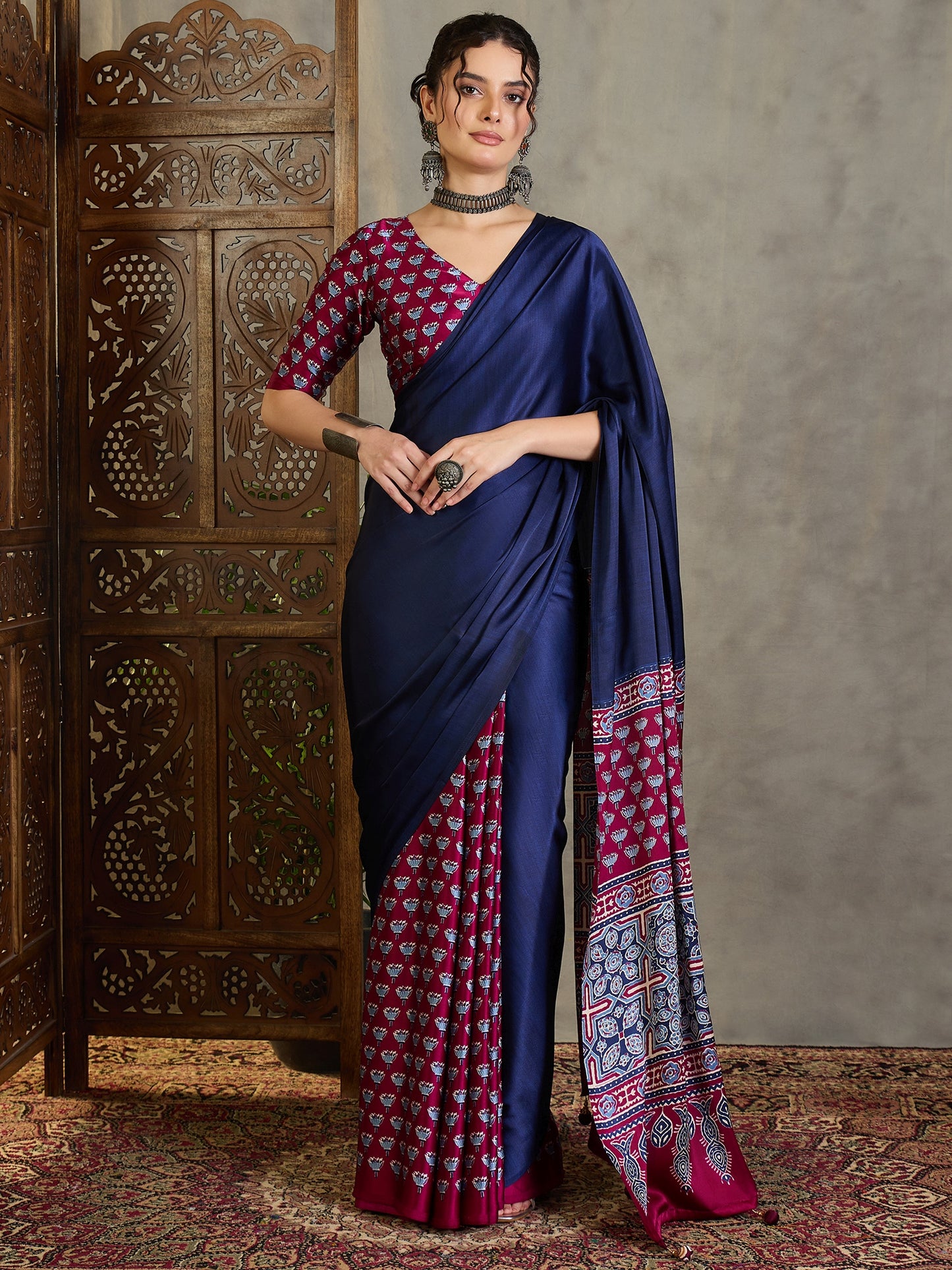 Navy Blue & Magenta Crepe Silk Readymade/Easy Saree - Panaash Saree