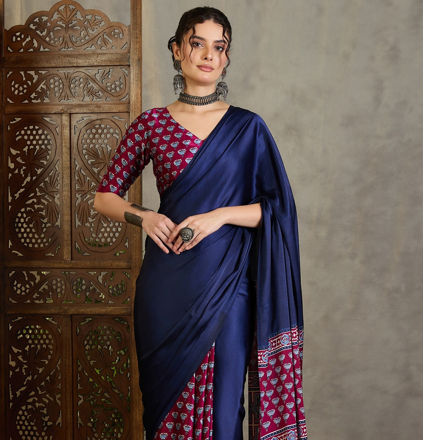 Navy Blue & Magenta Crepe Silk Readymade/Easy Saree - Panaash Saree