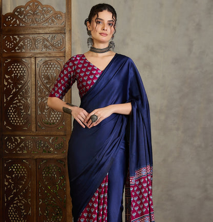 Navy Blue & Magenta Crepe Silk Readymade/Easy Saree - Panaash Saree