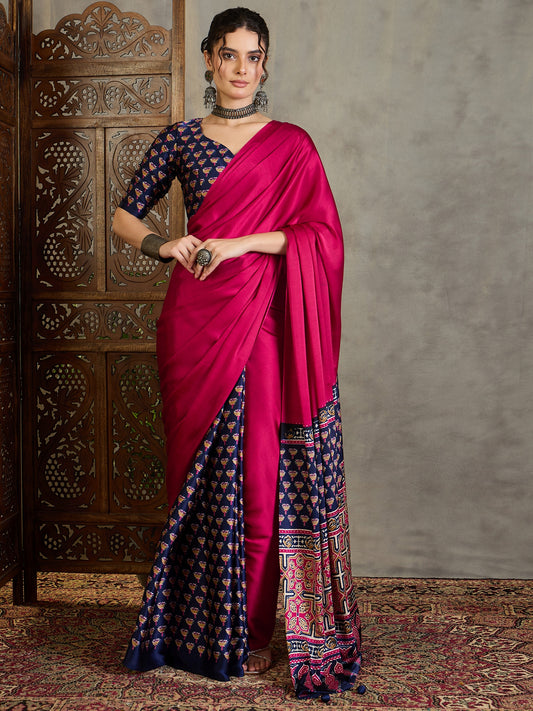 Fuchsia & Navy Blue Crepe Silk Readymade/Easy Saree - Panaash Saree