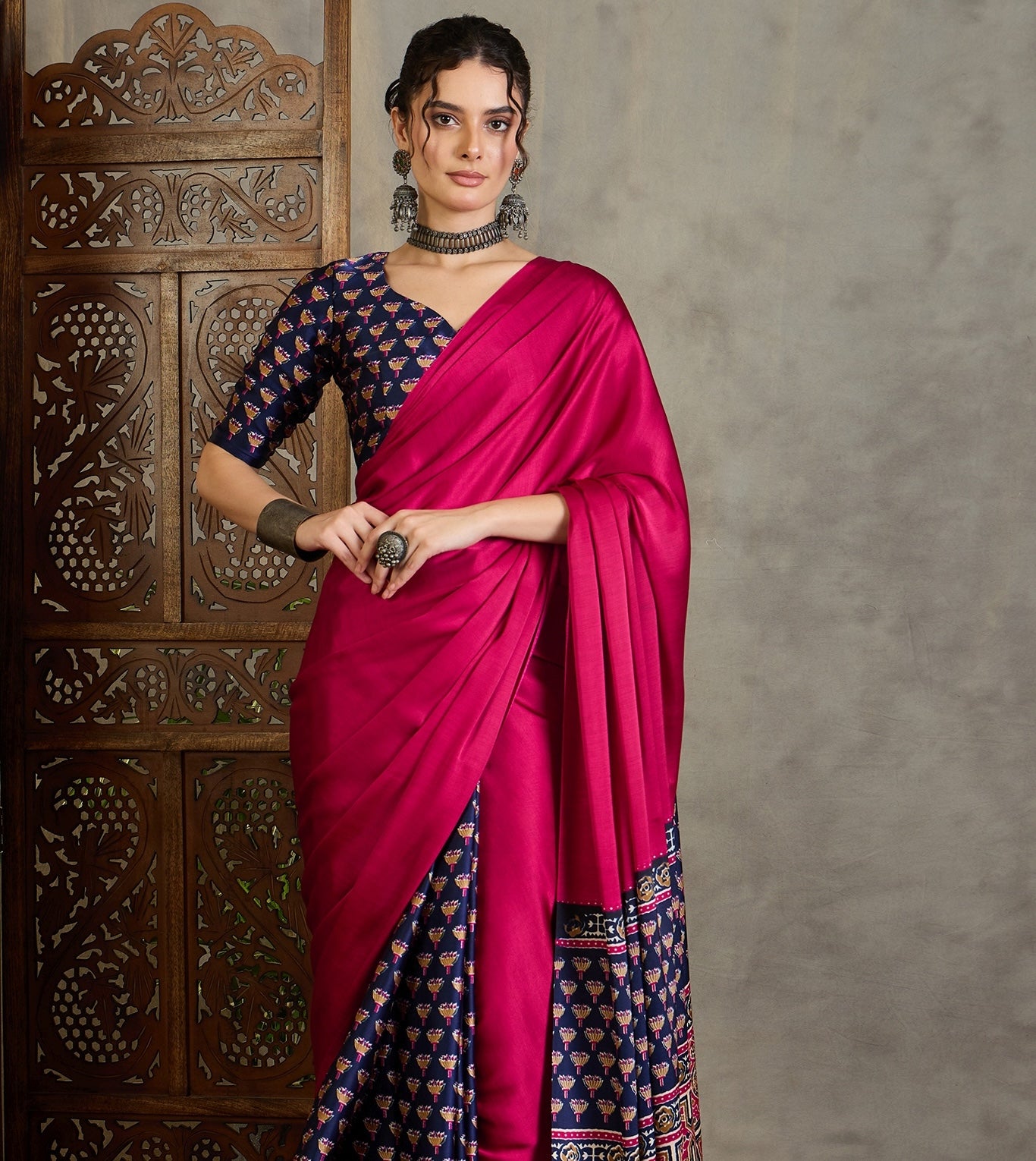 Fuchsia & Navy Blue Crepe Silk Readymade/Easy Saree - Panaash Saree