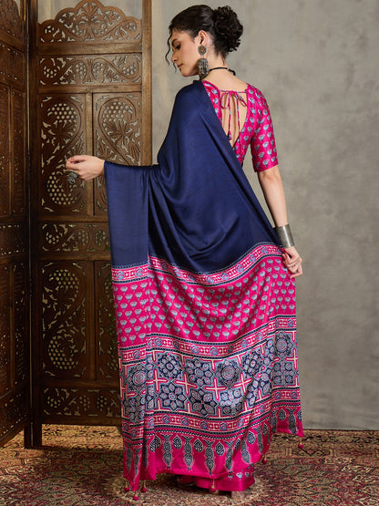 Navy Blue & Bright Pink Crepe Silk Readymade/Easy Saree - Panaash Saree