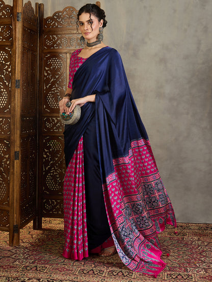 Navy Blue & Bright Pink Crepe Silk Readymade/Easy Saree - Panaash Saree
