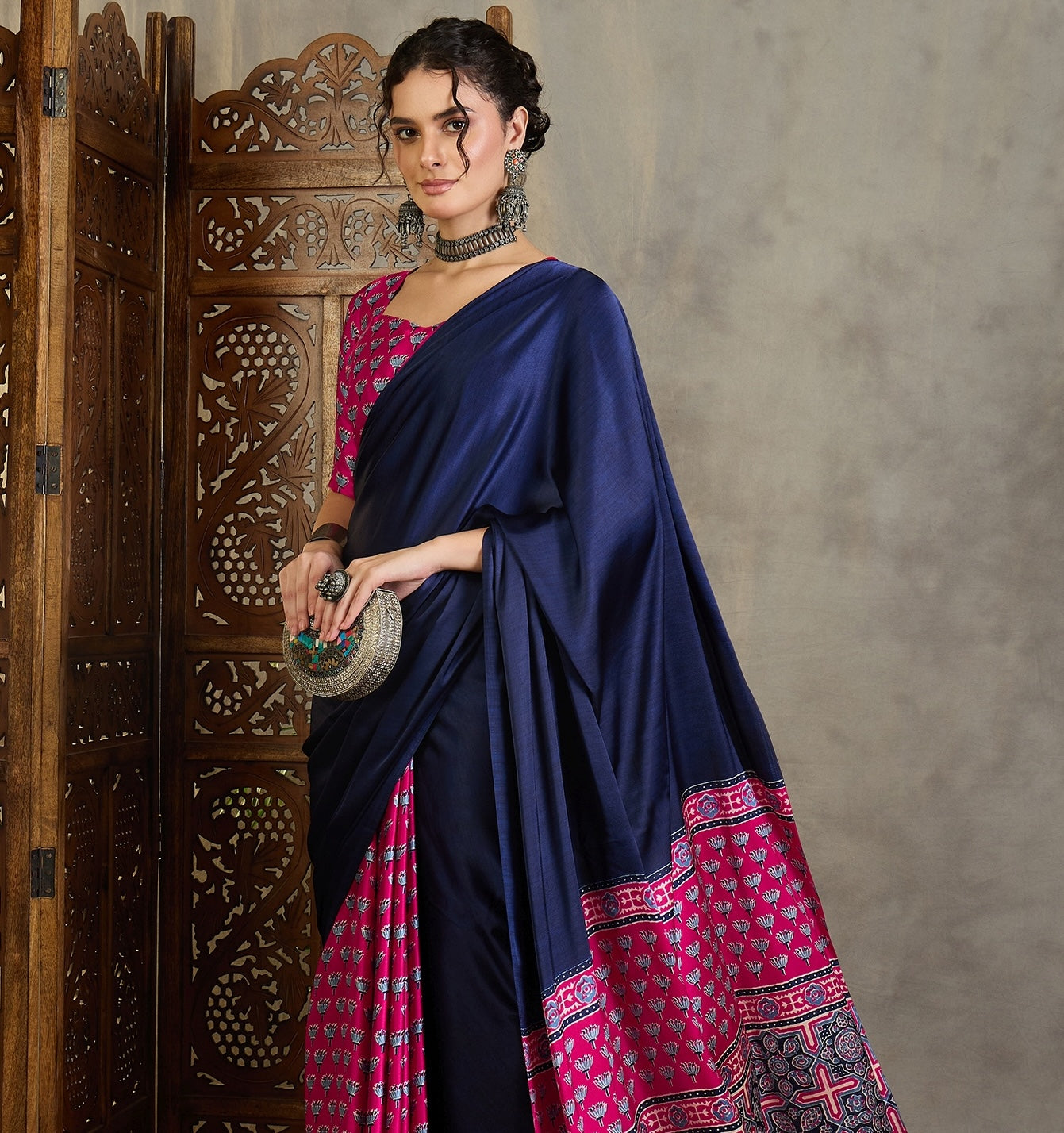 Navy Blue & Bright Pink Crepe Silk Readymade/Easy Saree - Panaash Saree
