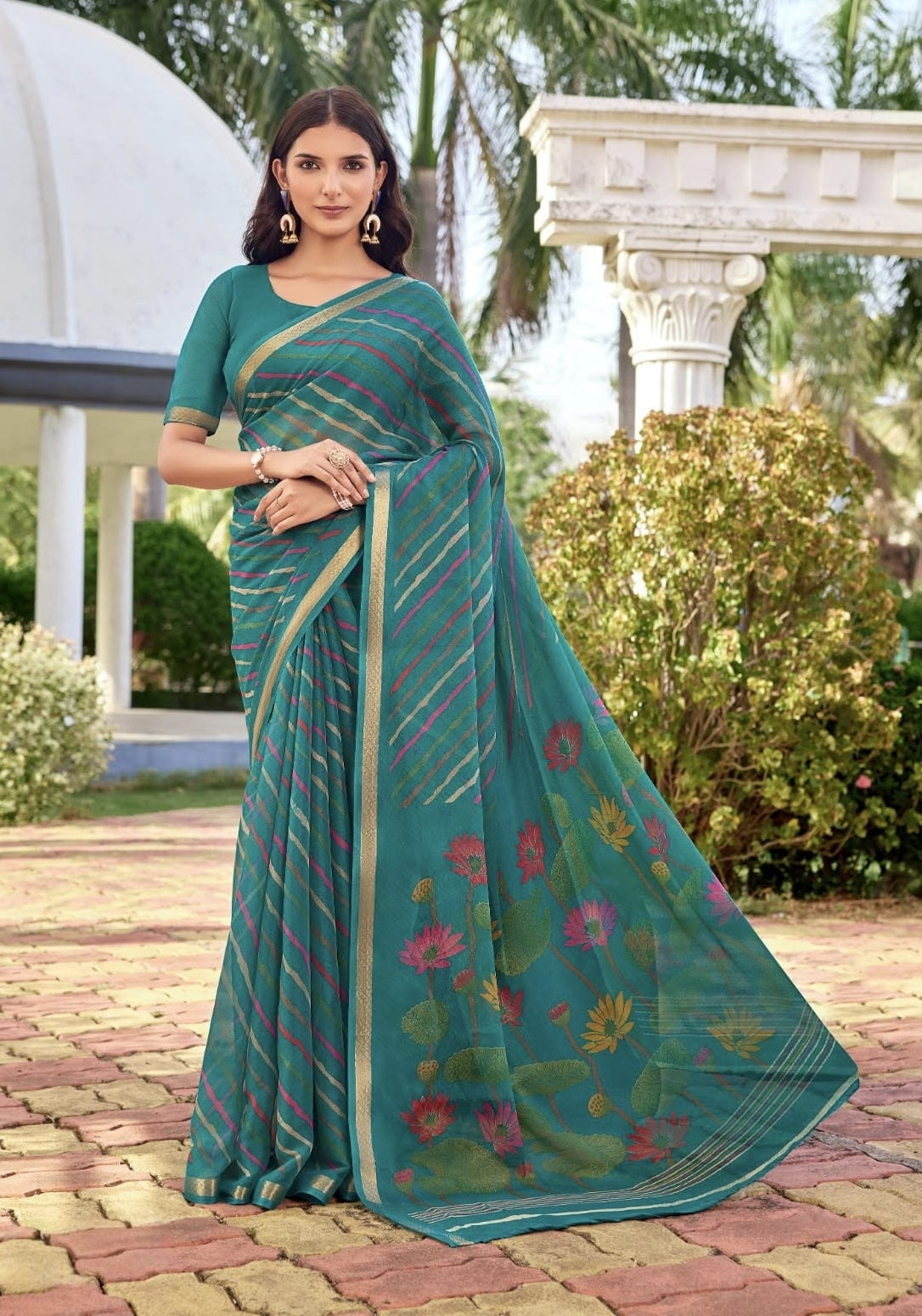 Teal-blue georgette ready-to-wear saree with striped border and floral print pallu