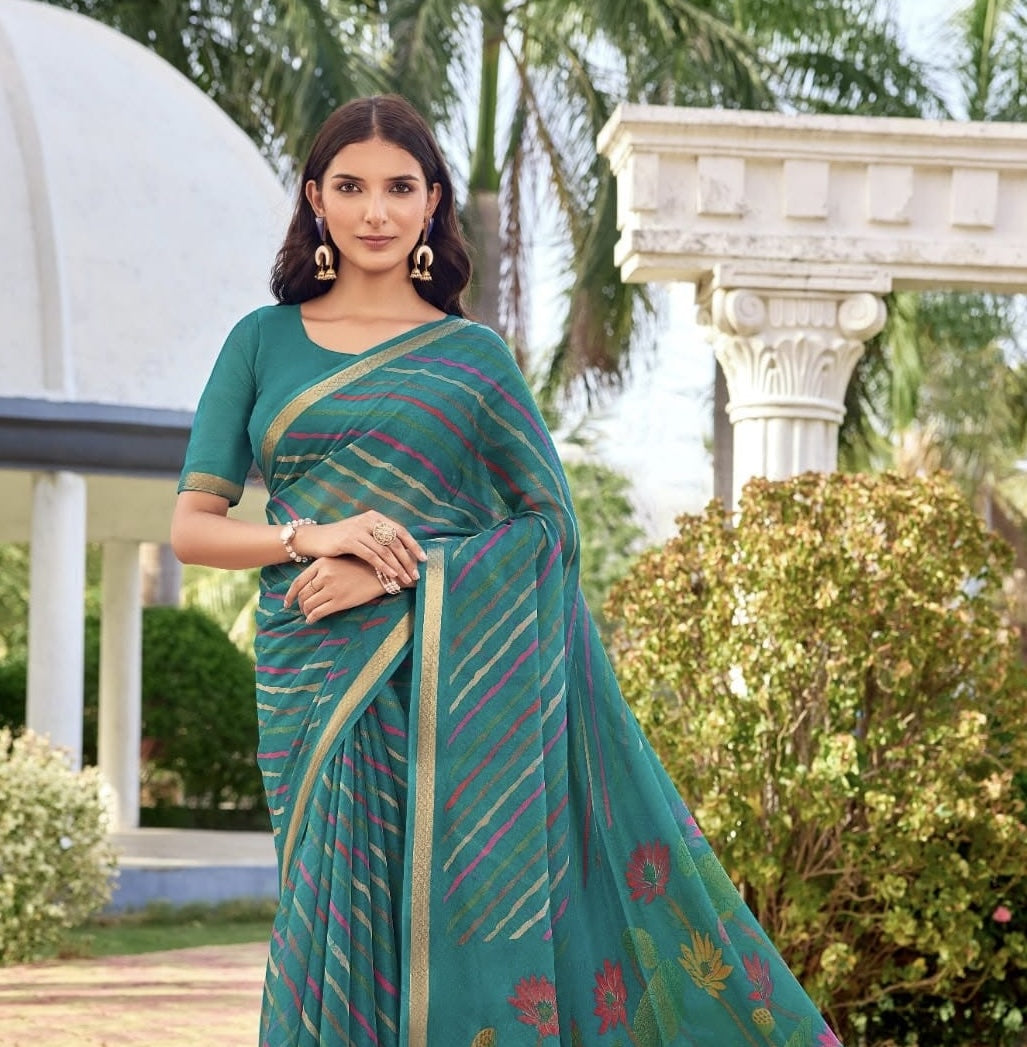 Teal-blue georgette ready-to-wear saree with striped border and floral motifs on pallu