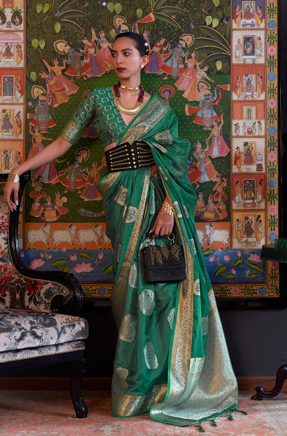 Green Organza Saree With Zari Weaving & Fancy Blouse