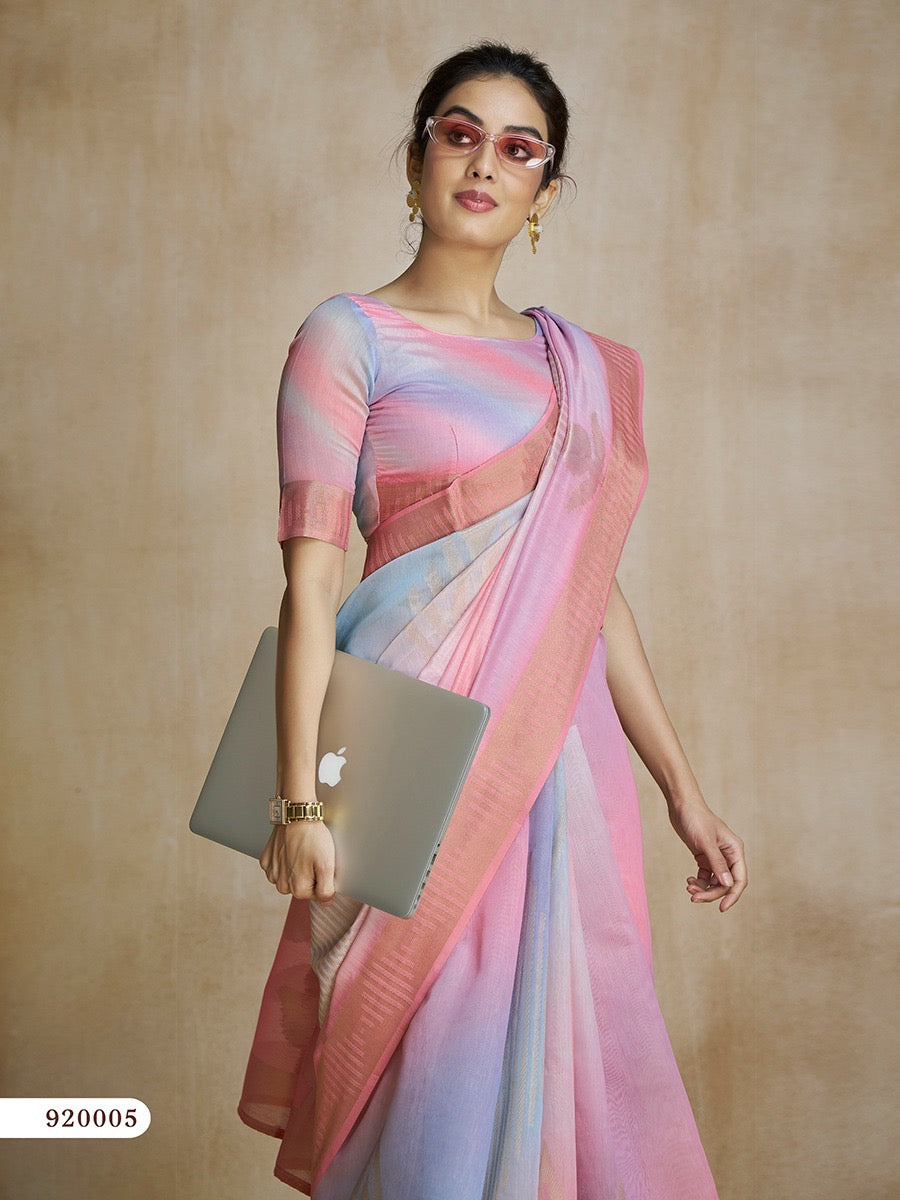 Light Pink Tone Digital Print Silk Readymade/Easy Saree