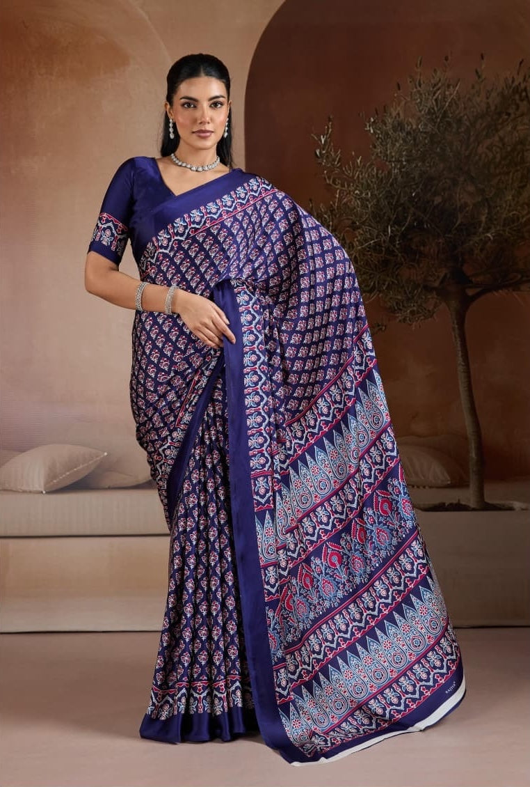 Indigo Blue Crepe Silk Readymade/Easy Saree