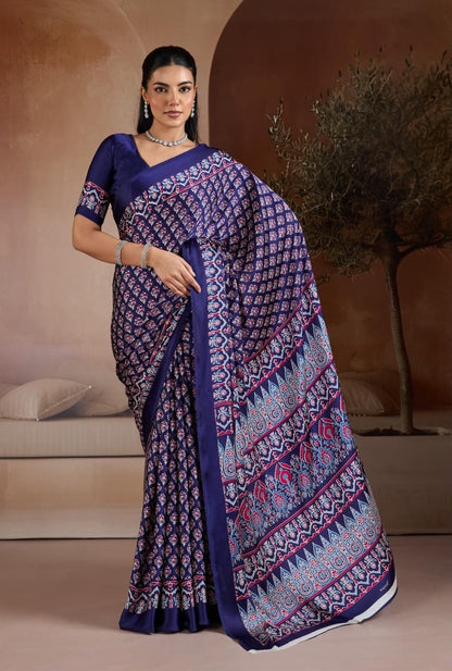Indigo Blue Crepe Silk Readymade/Easy Saree