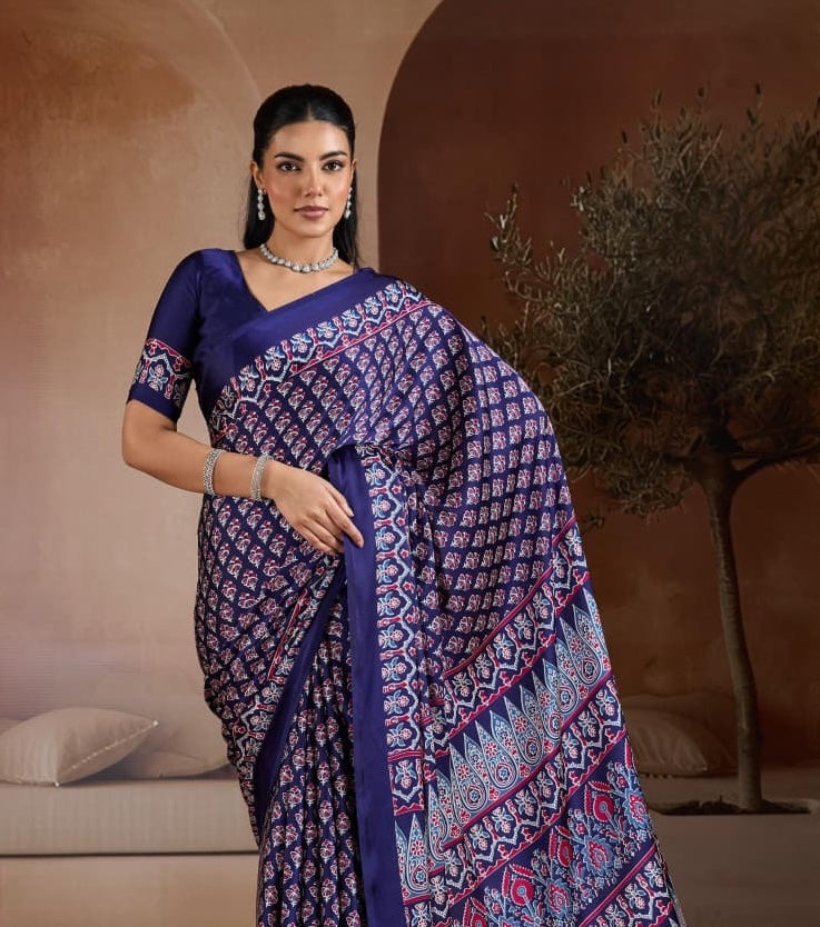 Indigo Blue Crepe Silk Readymade/Easy Saree