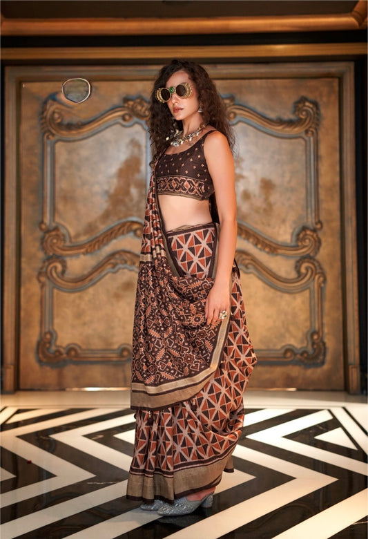 Brown Ikkat Silk Readymade/Easy Saree