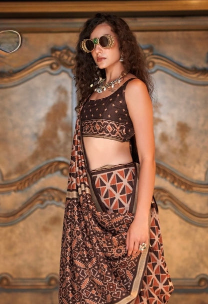 Brown Ikkat Silk Readymade/Easy Saree