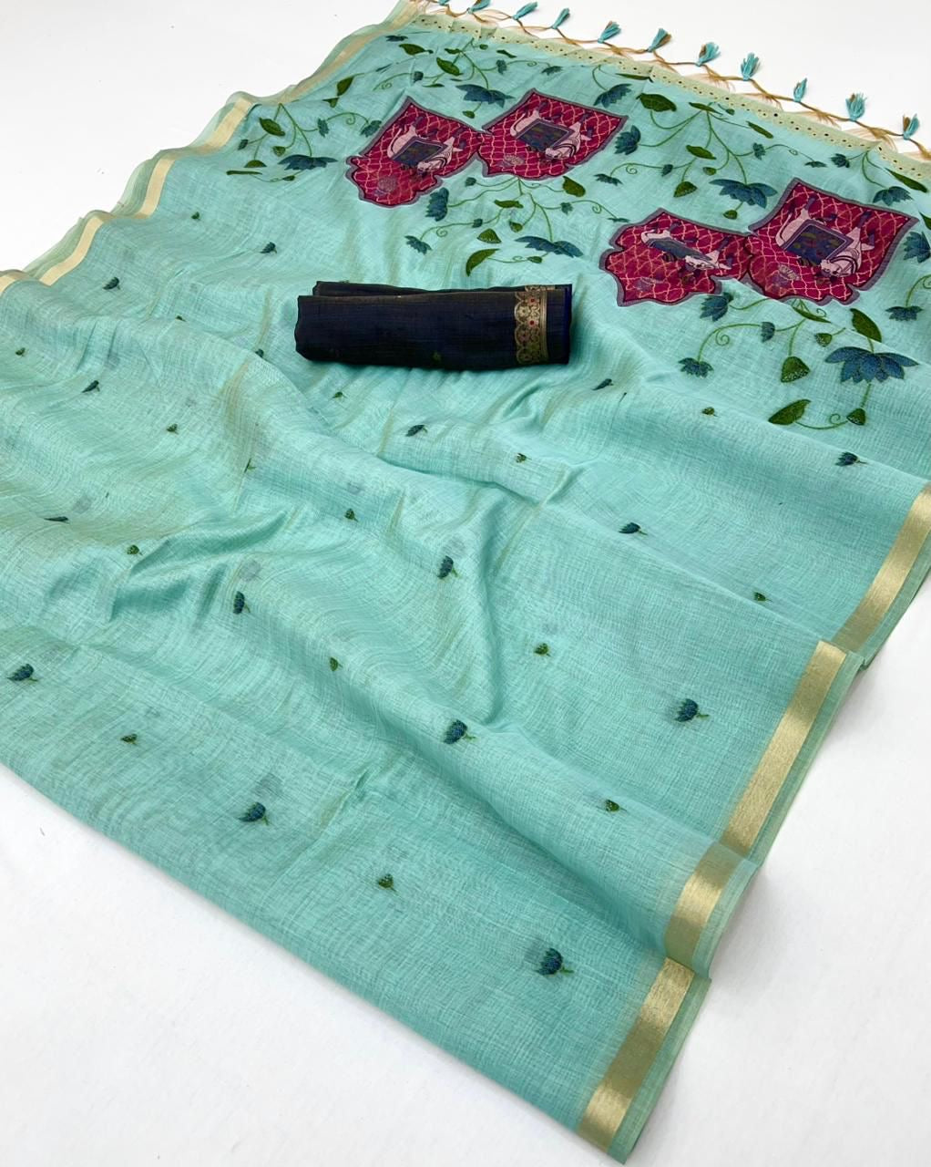 Blue Color Cotton Readymade/Easy Saree