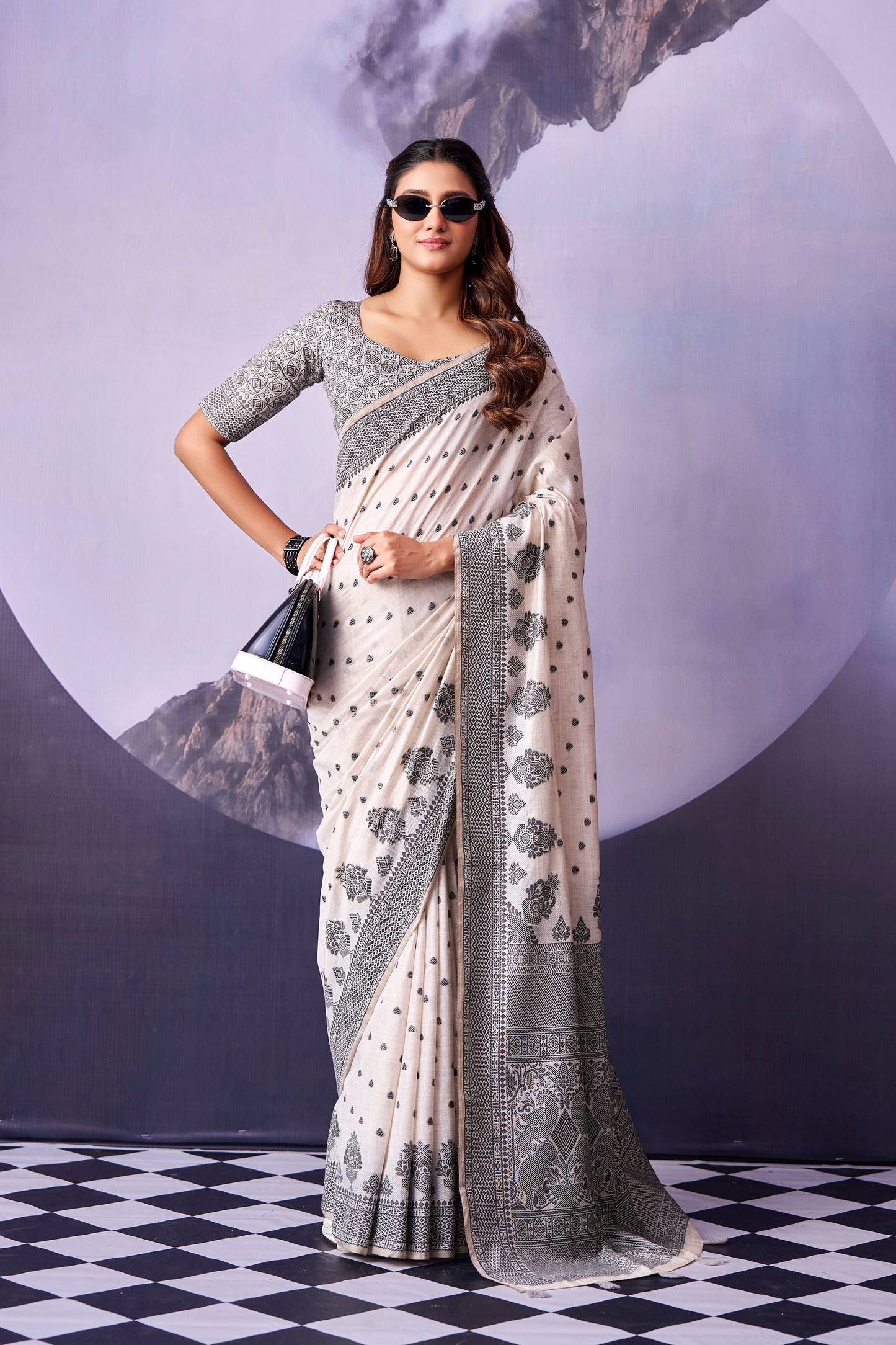 Grey & White Floral Cotton Ready To Wear/Easy Saree by Stylebypanaash 