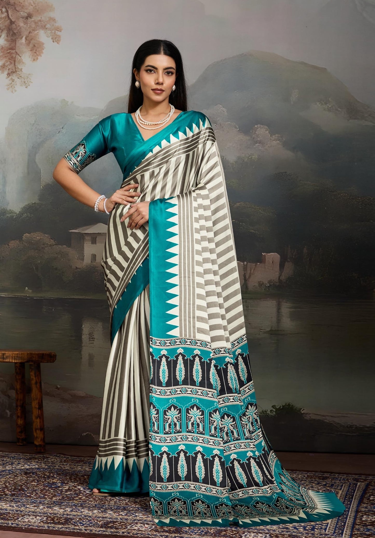 Teal blue Stripe Crepe Silk Readymade/Easy Saree