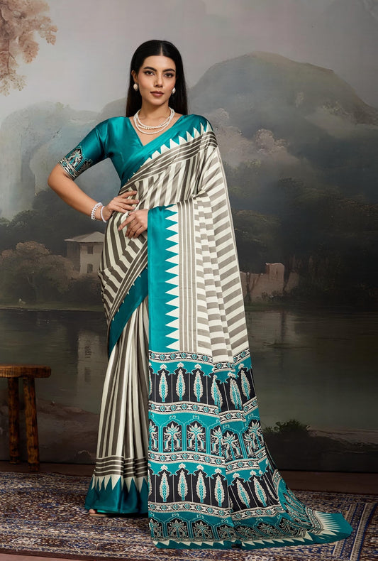 Teal blue Stripe Crepe Silk Readymade/Easy Saree