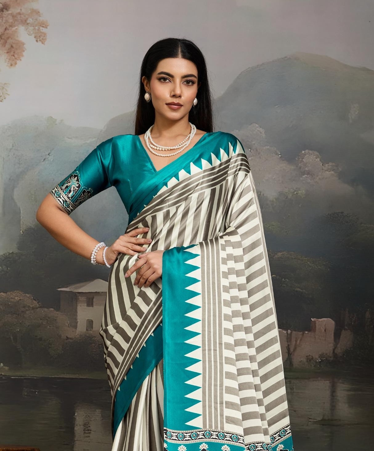 Teal blue Stripe Crepe Silk Readymade/Easy Saree