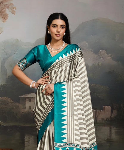 Teal blue Stripe Crepe Silk Readymade/Easy Saree