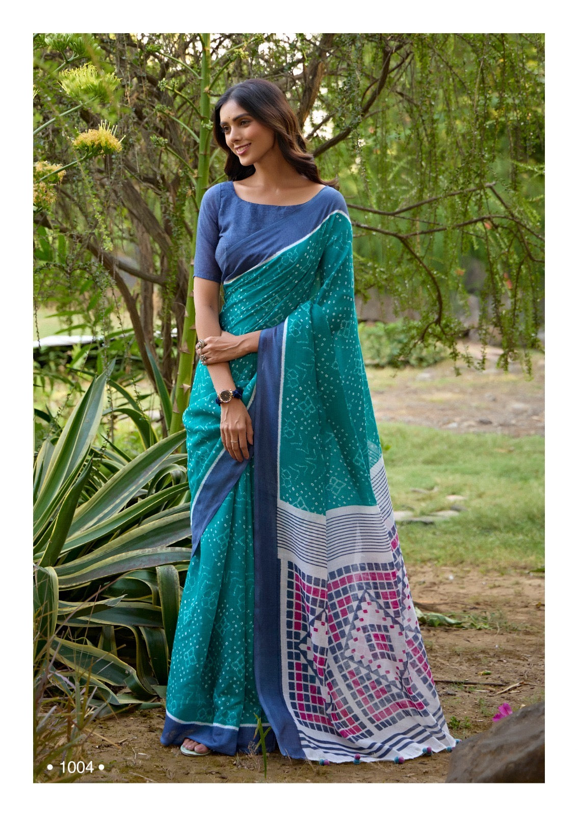 Turquoise Linen Cotton Casual Readymade/Easy Saree