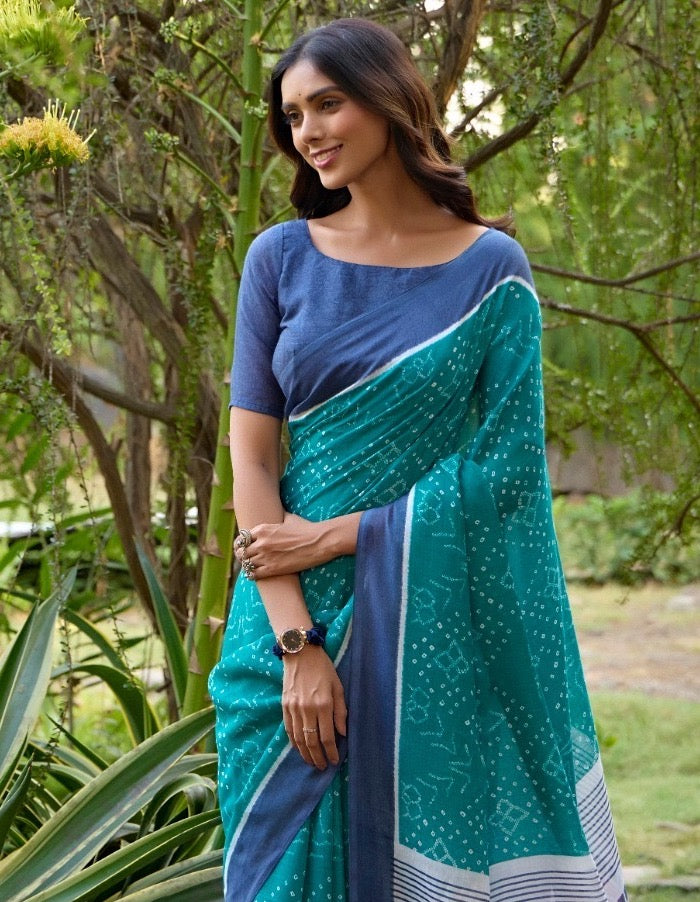 Turquoise Linen Cotton Casual Readymade/Easy Saree