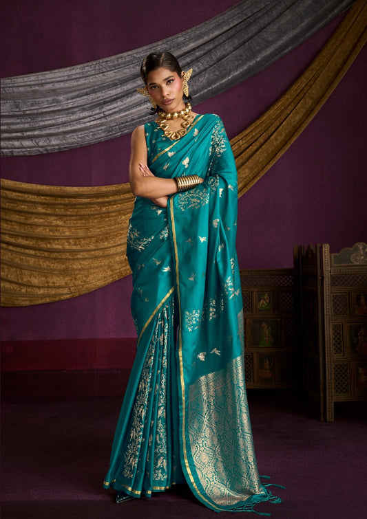 Peacock Blue Satin Silk Readymade/Easy Saree - Panaash Saree